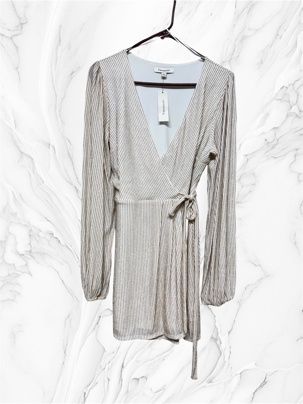 Francesca's beige Gold silver Metallic Stripe wrap mini Dress large NWT